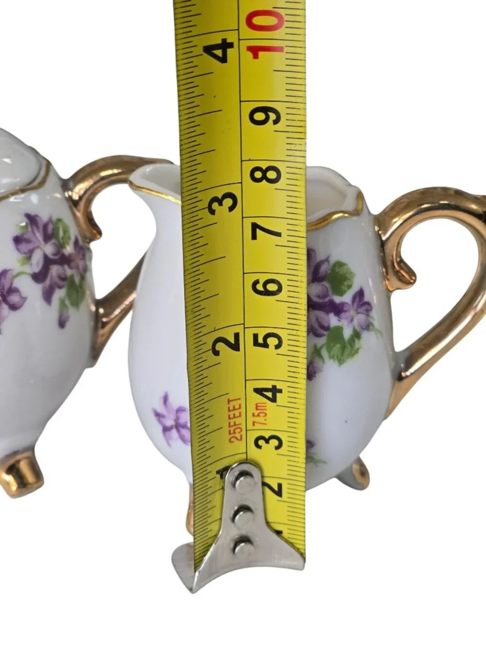 Vintage Enesco Japanese Creamer & Sugar Set Purple Floral Gold Trim Footed 3.5